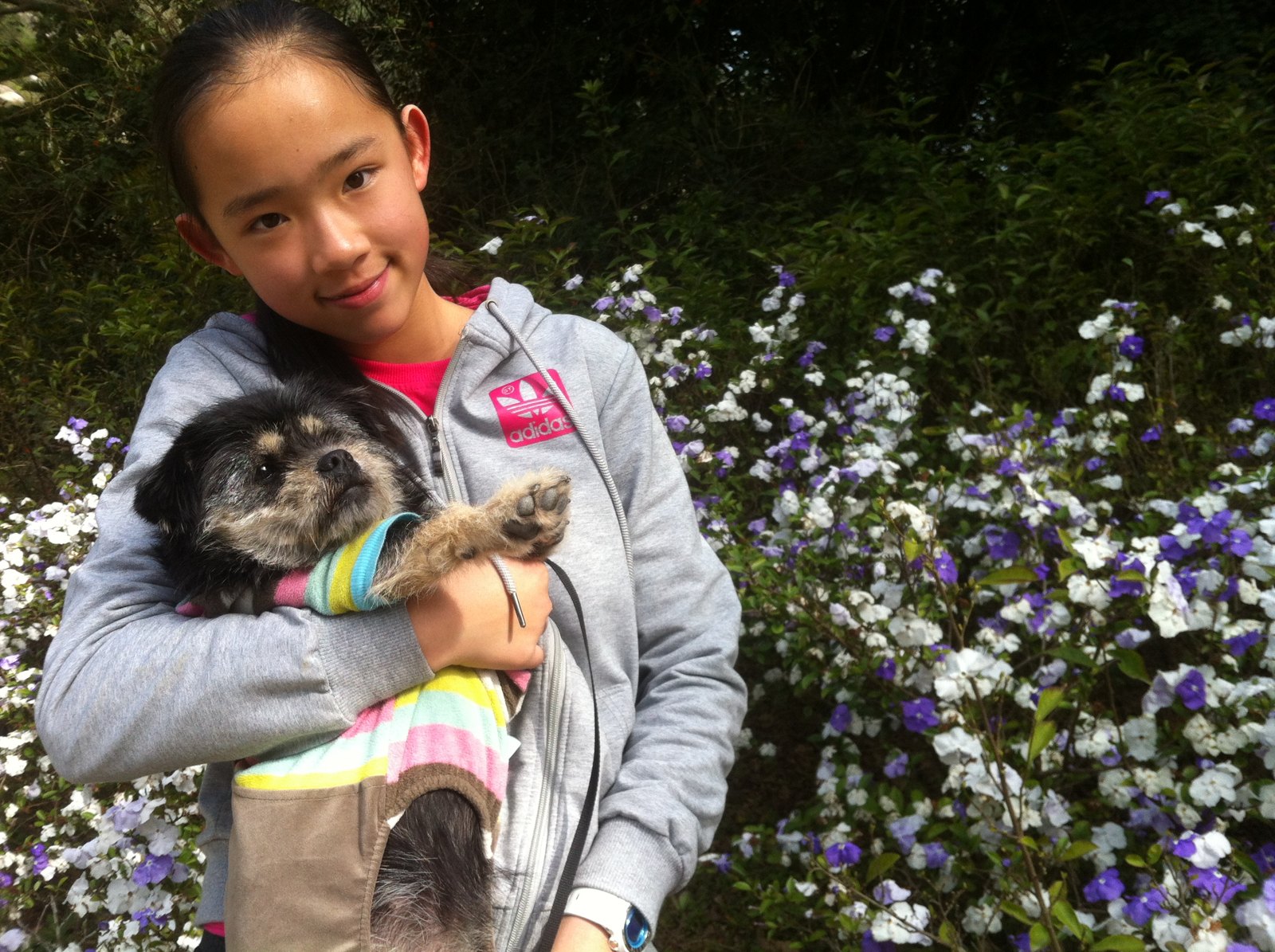 Chenshuo as a child holding QQ among flowers